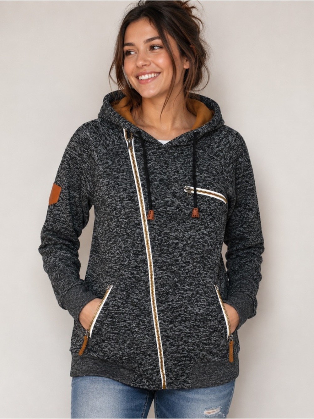 Women’s heathered black charcoal asymmetrical zip moto hoodie sweater size large